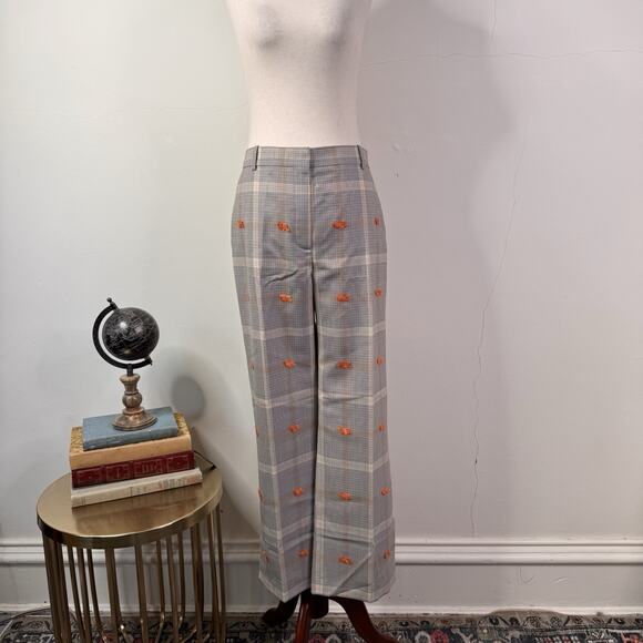Nina Ricci Plaid Wool Trousers with Orange Fringe Embroidery Size 40 NWT Classic - Picture 2 of 11